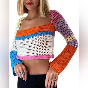 Womens y2k Cover up Hollow Out Crochet Knitted Crop Tops Multicolor Stripes